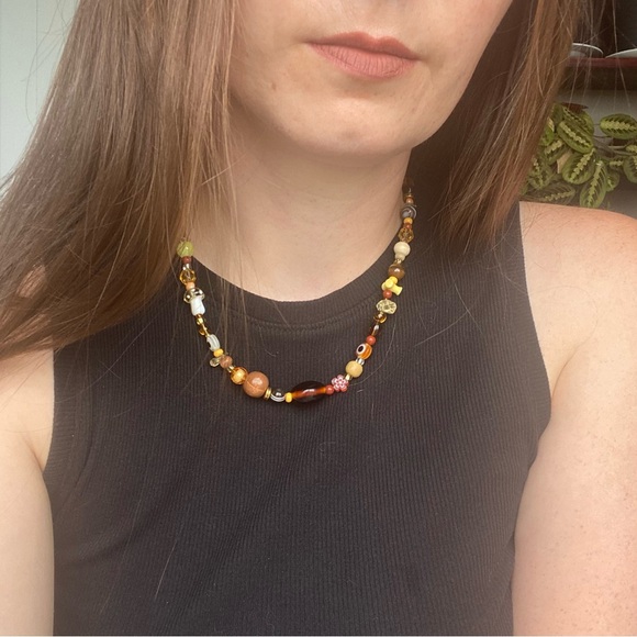 Be Like Honey Mixed Bead Necklace Amber Brown Evil Eye Glass Beads Orange Flower - Picture 9 of 11